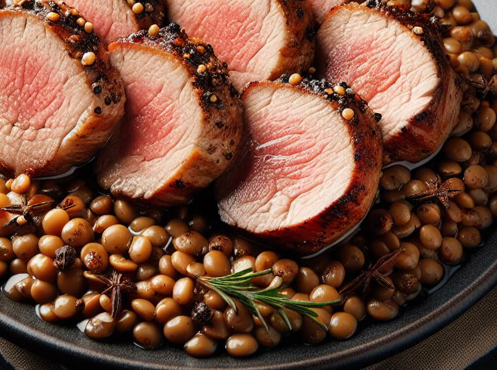 Plat de filet mignon de porc au rhum vieux avec lentilles