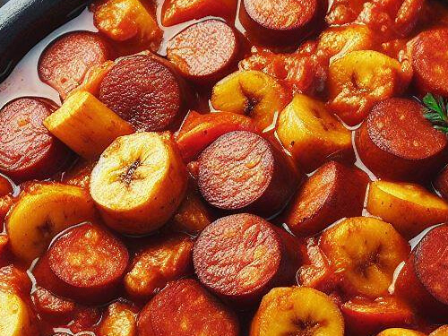 Plat de ragout de bananes jaunes et saucisses fumées façon rougail
